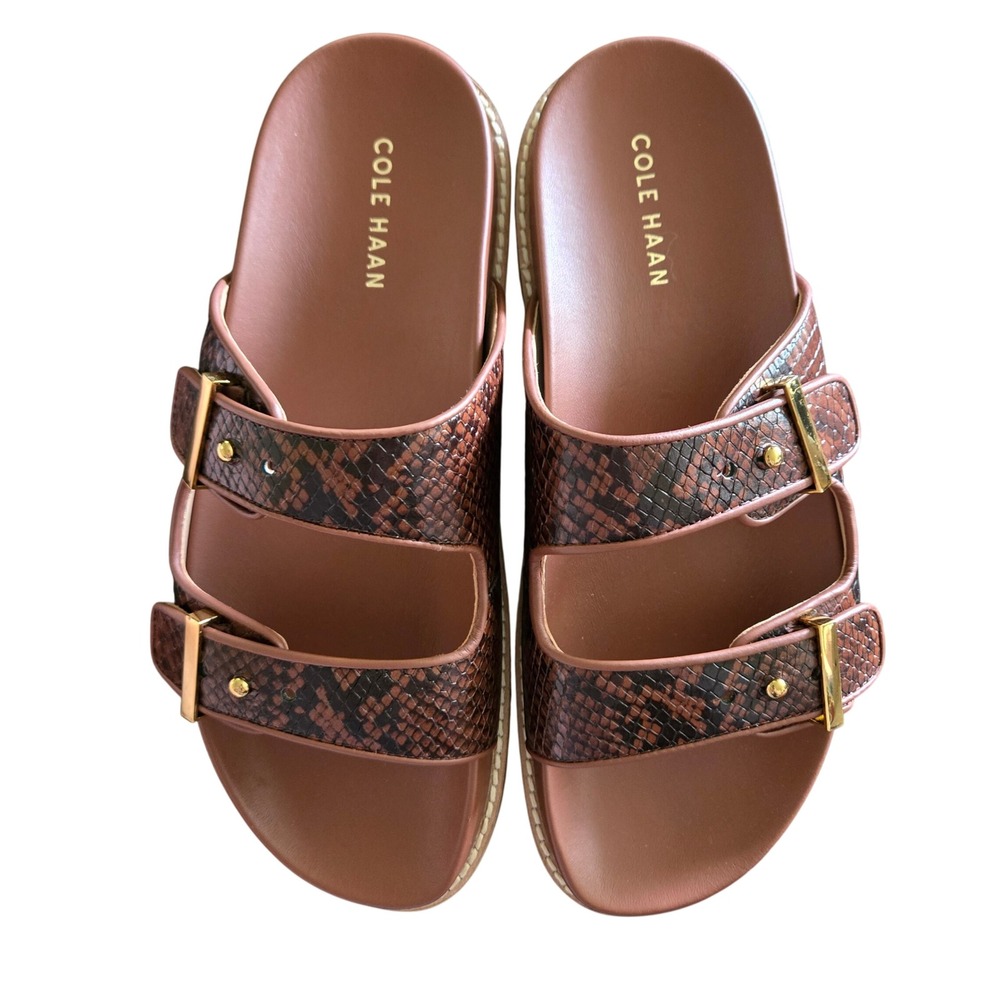 Cole Haan Marisol Adjustable Slide Sandals Womens 7.5 Brown New Snakeskin Emboss - Picture 2 of 7